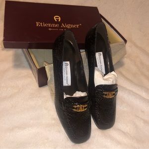 NIB Etienne Aigner Dark Brown Paten Crocodile Low Heel Loafer 7.5